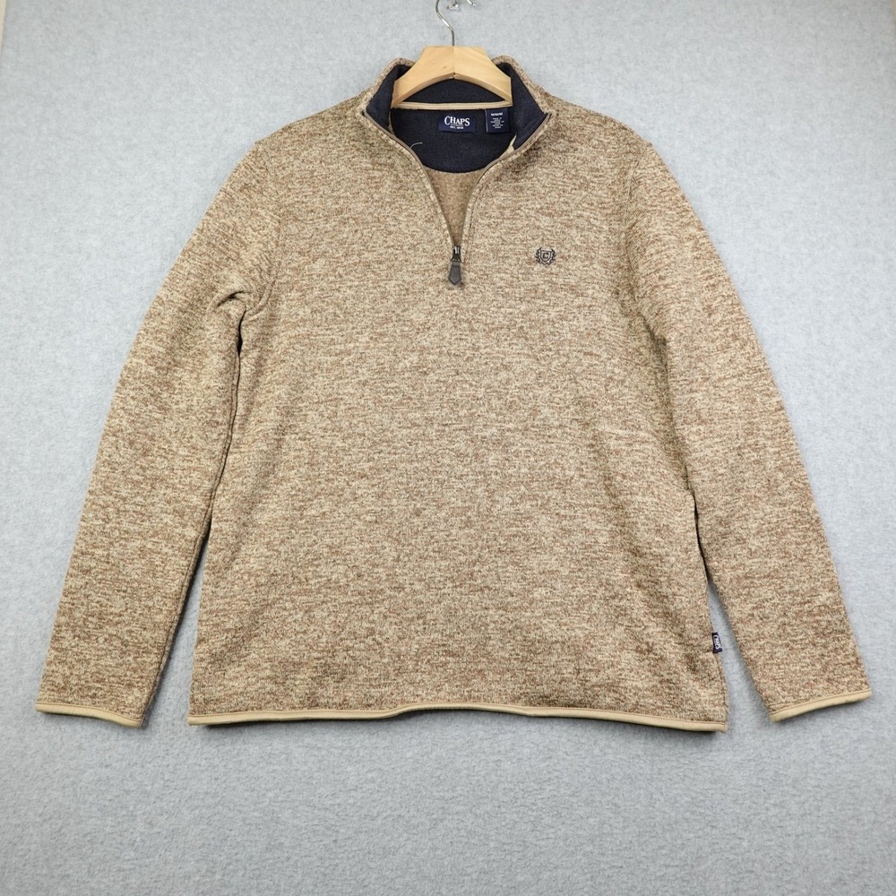 Chaps Mens Quarter Zip Sweater Fleece Pullover Tan Medium Preppy Tennis College
